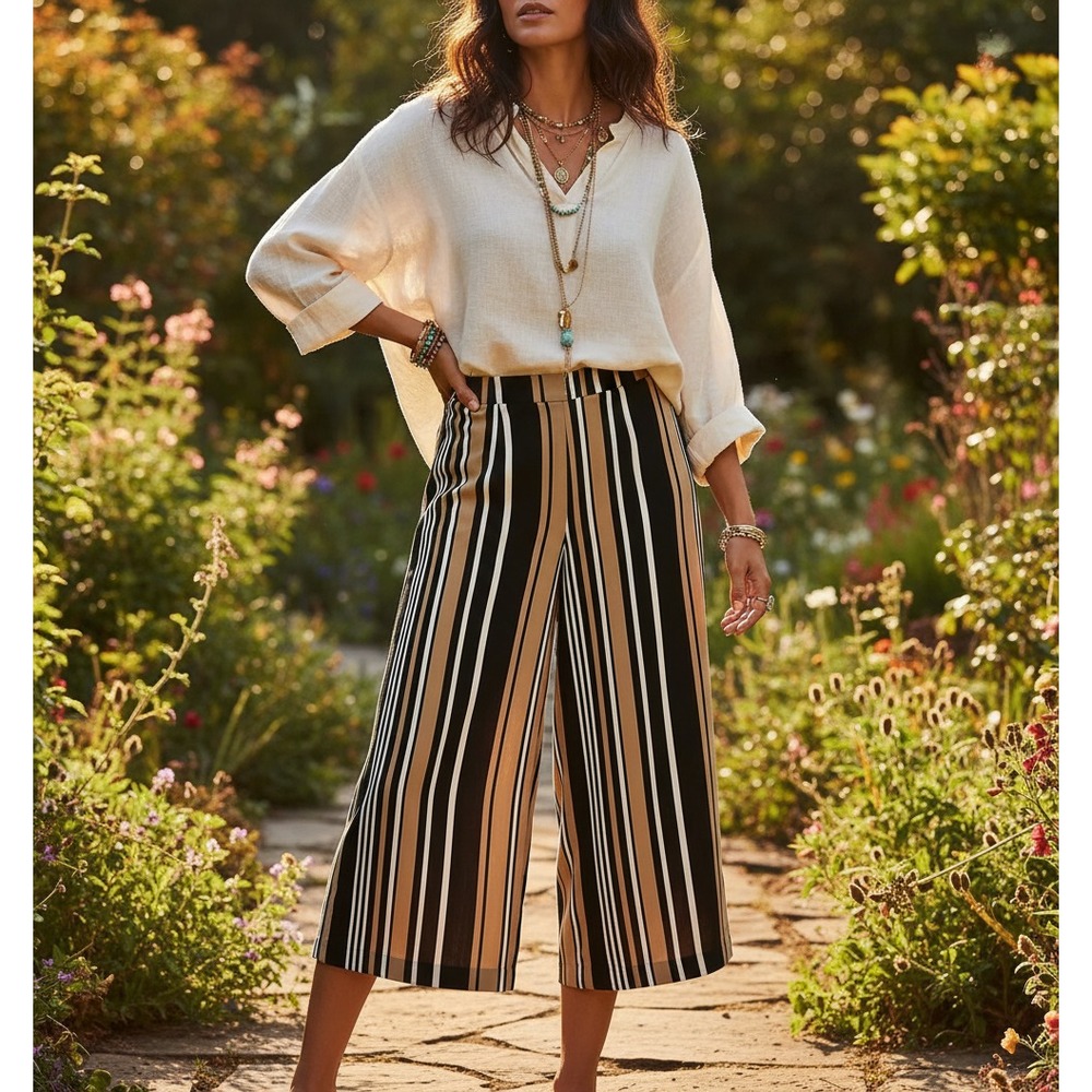 Chicos 0 S Crop Pants Wide Leg Palazzo Black Beige Stripe Office Retro Boho Chic